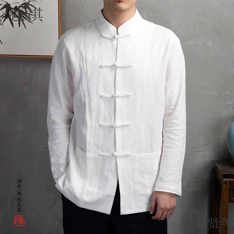 Jarní Čínský Tradiční Tang Oblek Hanfu Košile Pánská Stojáček Kardigan Ležérní Hanfu Košile Retro Zapínání na Knoflíky Top