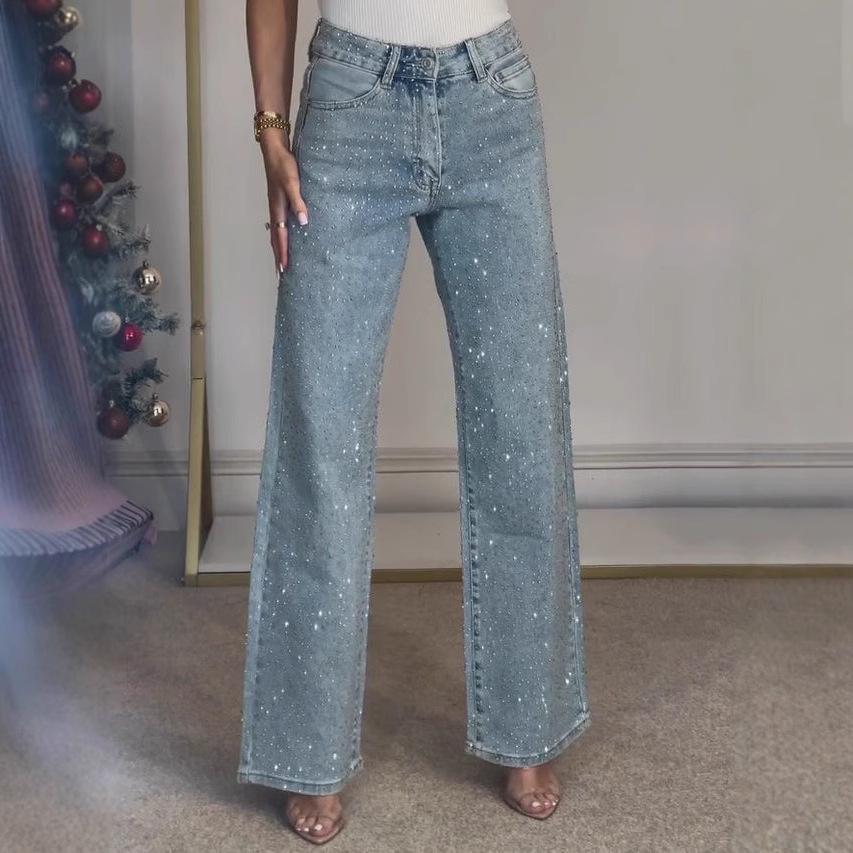 Women's Full Diamond Washed High-Waisted Straight-Leg Denim Pants