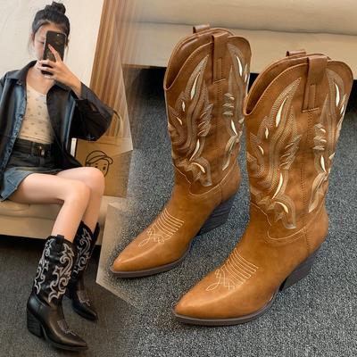 Novas botas femininas bordadas com mangas, botas de motociclista, cowboy ocidental, boca em V, manga média, cabeça quadrada, salto grosso, botas de cavalo
