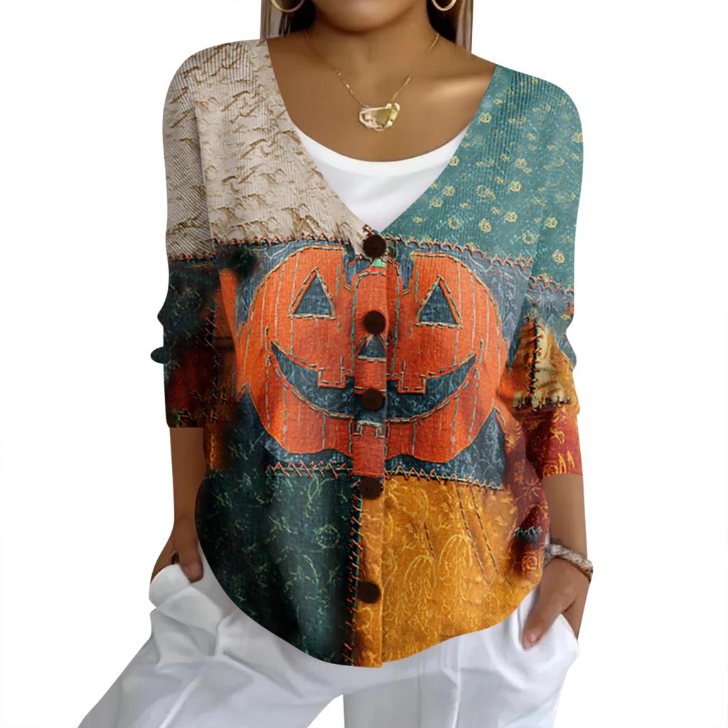 Women's Fashion Casual Knit Sweater Button-Up Halloween Printed  Cardigan Jacket