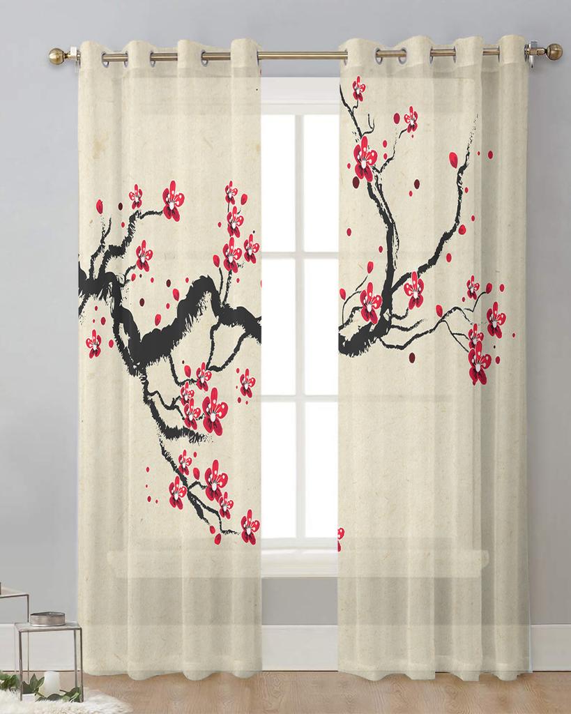 Cherry Blossom Branch Flower Chinese Style Sheer Curtains for Living Room Decor Window Curtains Kitchen Tulle Voile Curtains