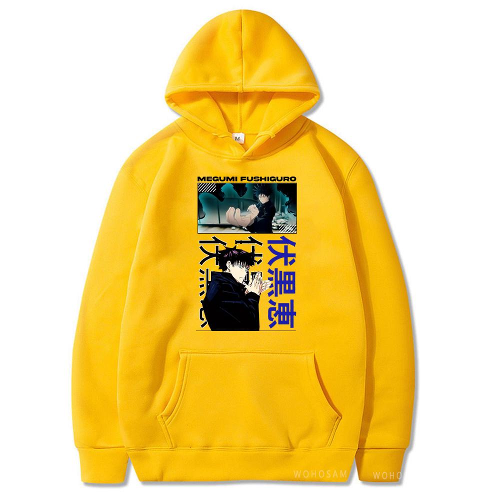 

Модные аниме дзюдзюцу кайсен Фусигуро Мегуми толстовки с мультяшным принтом хип-хоп винтажный тренд свободная уличная толстовка большого размера 4XL жёлтый