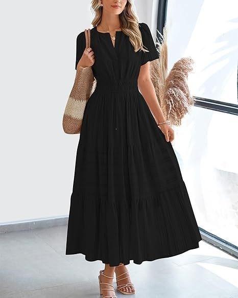 2026 Spring and Summer European and American Women's Fashion V-neck Pleated Bubble Sleeves Layered Pendulum Dress Women