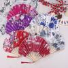 1Pc Japanese Style Shell Shaped Fan With Storage Bag Silk Cloth Bamboo Folding Fans Single-Side Flower Curved Fanbone Hand Fan