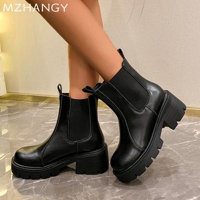 Mode Damen Leder Stiefeletten Winter Mittelhohe Absätze Schuhe Frau 2025 Trend Mode Schnee Kleid Walking Goth Motorradstiefel Mujer Botas
