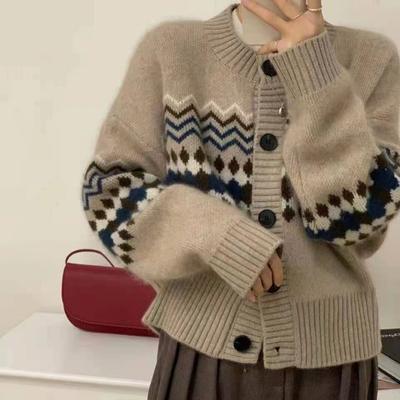 Autumn New Long Sleeve Vintage Knitted Cardigan Women Fashion Loose Outerwear Winter Sweater Jacket Female Elegant Round Neck Printed Cardigans 25042