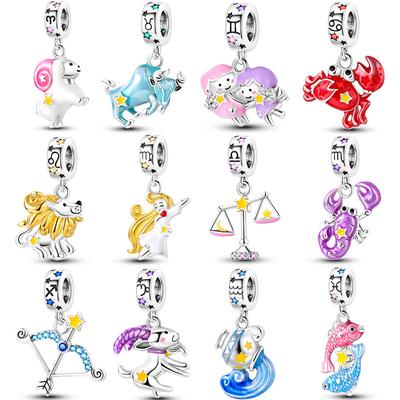 Copper Charms Luminous 12 Constellations Pisces Aquarius Aries Pendants Fit Original Pan Bracelet Diy