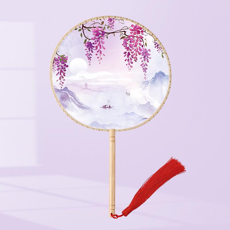 Girls' Summer Hanfu Dance Fan: Long Handle, Double-Sided Embroidered Round Fan for Traditional Costume