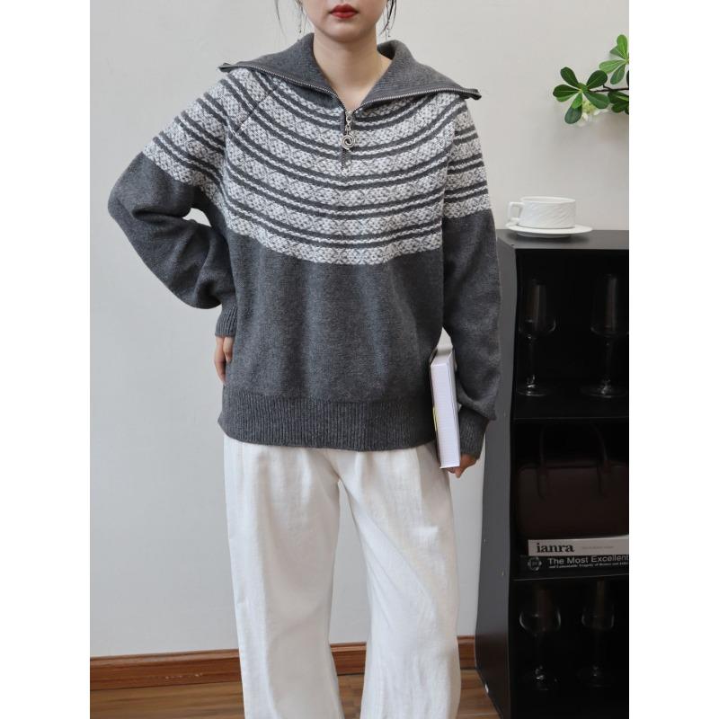 

Вязаный свитер с пайетками в стиле ретро, на молнии до середины, осенне-зимний, с новым чувством дизайна, свободный пуловер для женщин One size серый