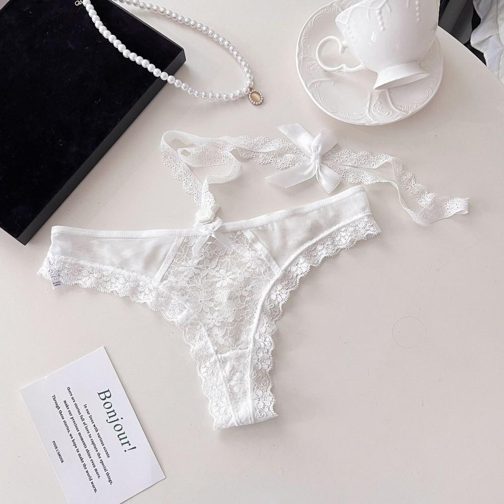 Bow Hanging Neck Chain Mesh Floral Bowknot Panties Lace Underpants Underwear for Women Hotel