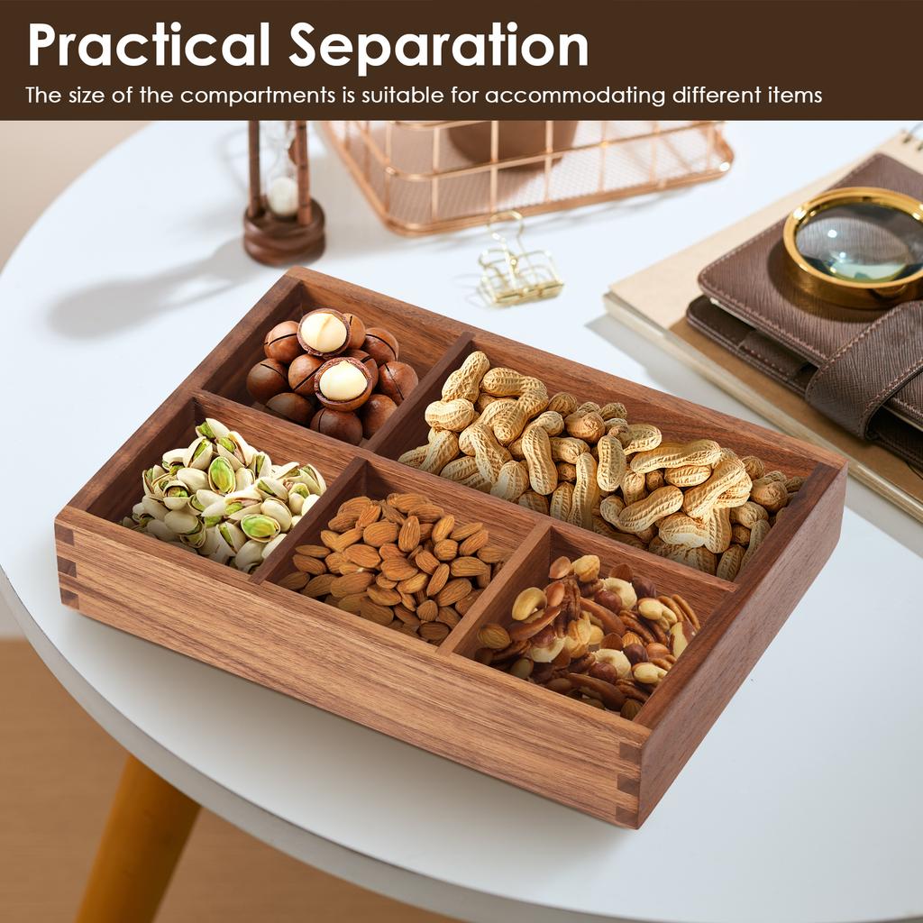 Wood Tea Bag Storage Tray Desktop Organiser with 5 Compartment Multipurpose Sugar Packet Storage Tray for Home Kitchen Office
