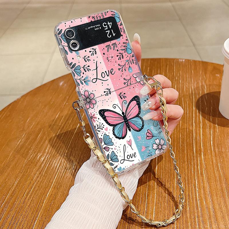 Metal Rope Lanyard Case For Samsung Galaxy Z Flip7 Flip6 Flip5 Flip4 Flip 7 FE 6 5 4 3 5G Beautiful Butterfly Print TPU Cover