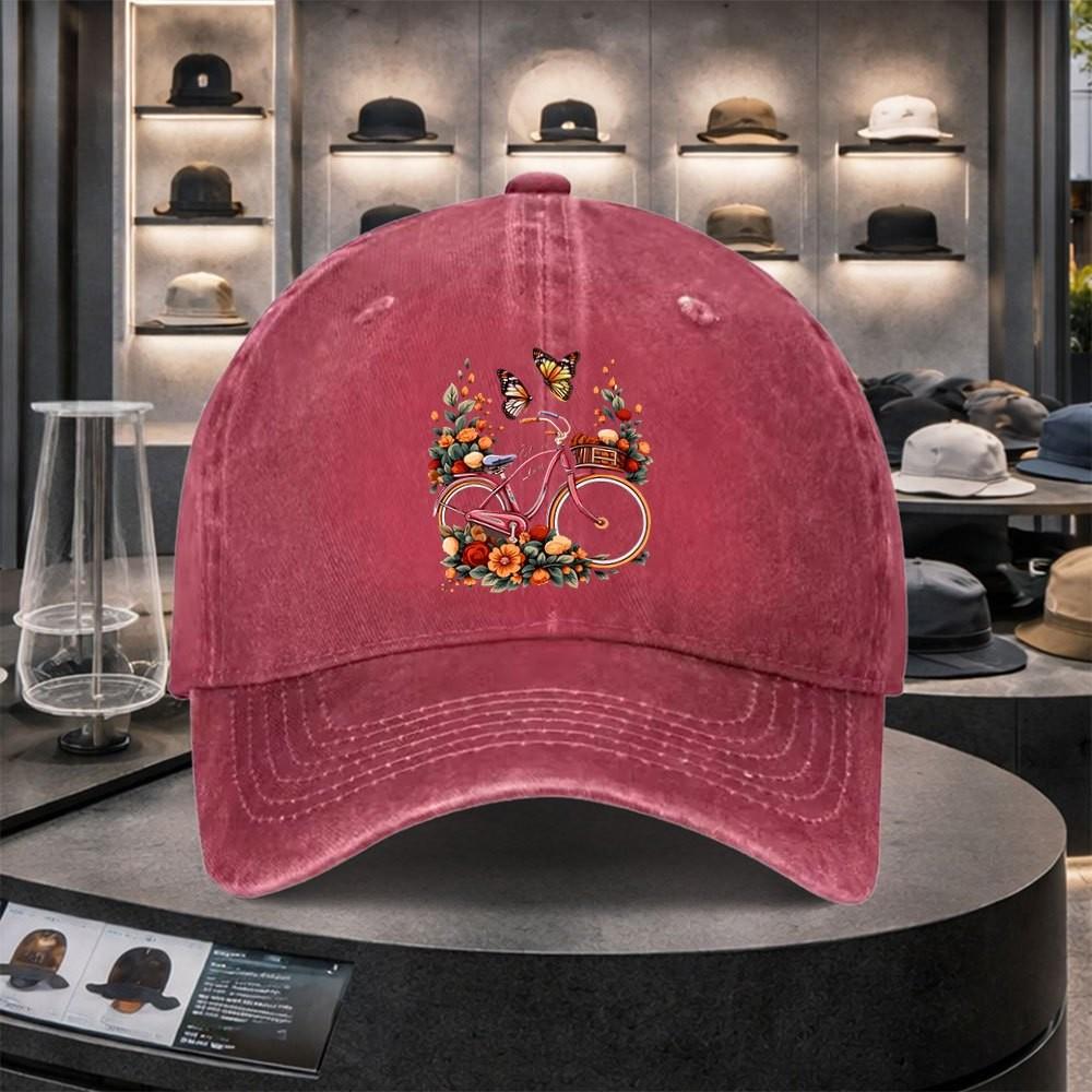 Bicycle Butterfly Floral Print Washed Denim Baseball Cap Adjustable Cotton Outdoor Sports Hat