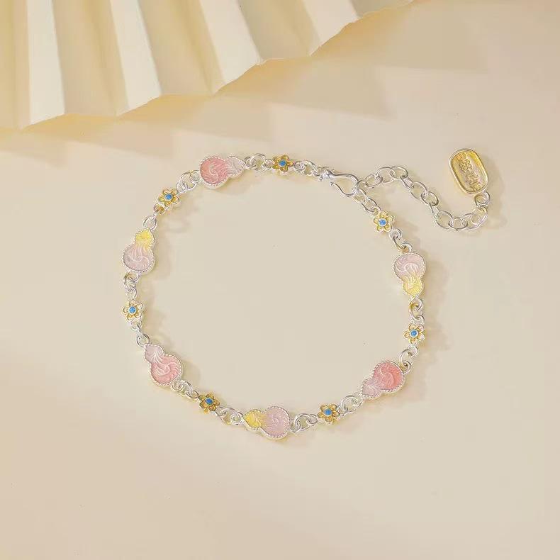 Sterling Silver Enamel Floral Gourd Bracelet: Elegant Chinese-Inspired Design for Women.