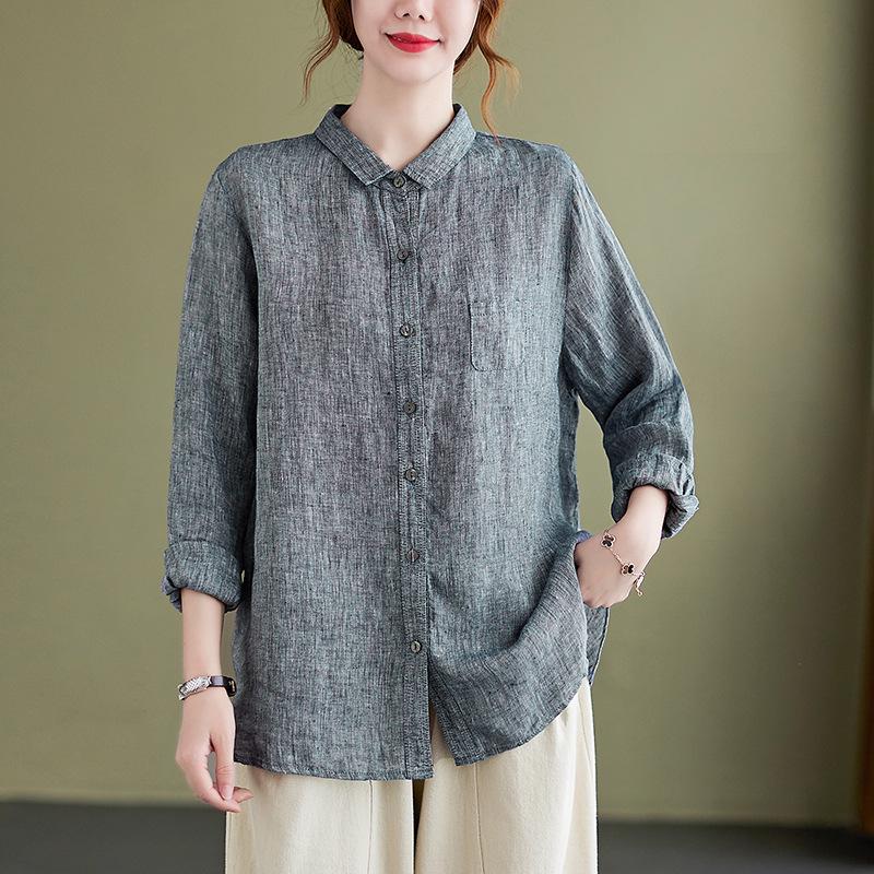 2026 Spring Retro Loose Fit Cotton Linen Lapel Shirt - Women's Plus Size, Long Sleeve