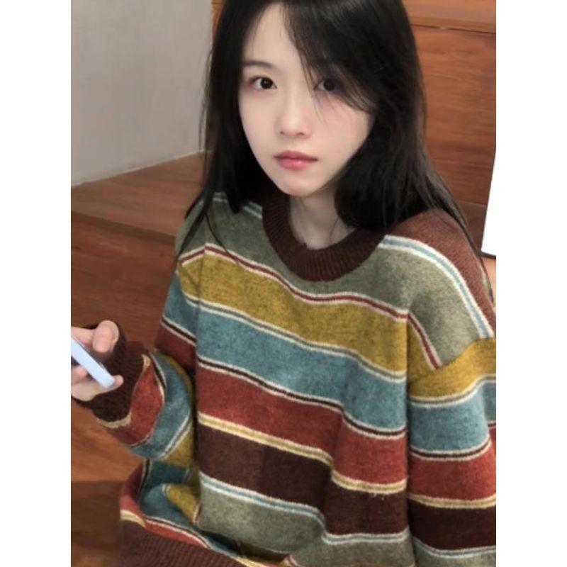 

Контрастный цвет Ретро цвет Полоски Трикотажный пуловер свитер Женский Осень и Зима Новое поступление Ленивый Поздняя осень Верхняя одежда Деним Повседневный Утепленный топ Stripes Sweater XL