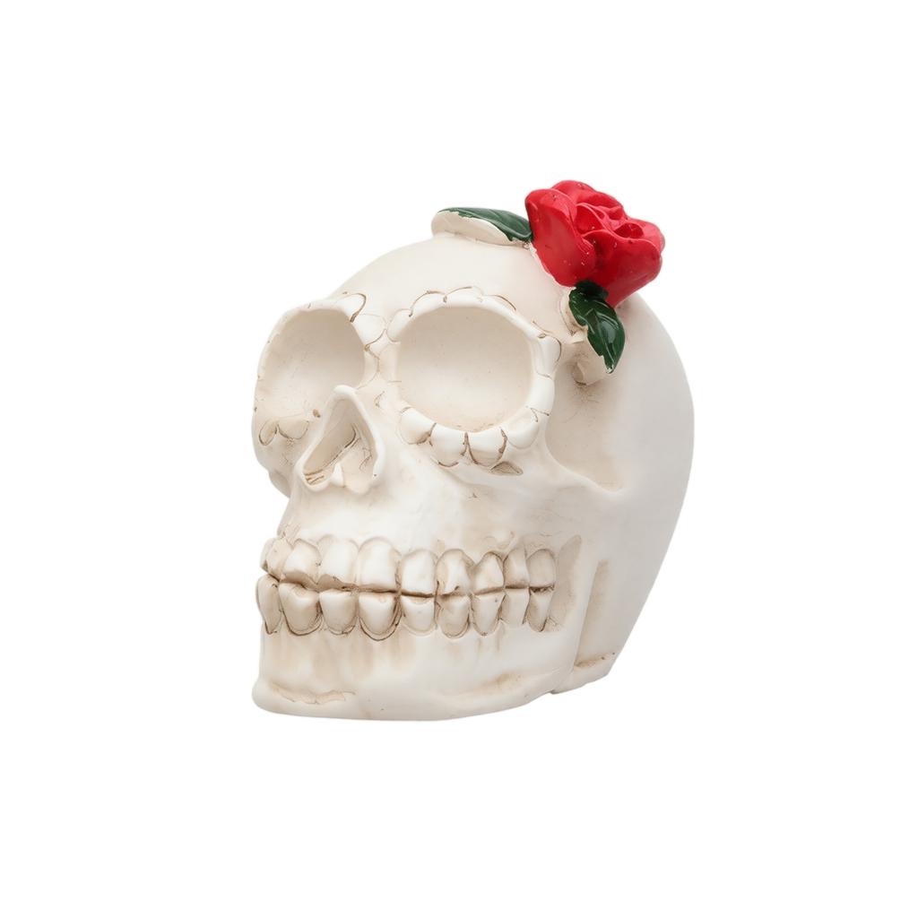 Decorative Skull Ornament with Floral Accent for Halloween Home Party Indoor Outdoor Table Display Prop