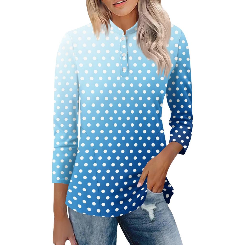 Damen Casual Poloshirt Lockerer Schnitt Dreiviertelarm Oberteil Knopfleiste Pünktchenmuster Leichter Bequemer Stoff