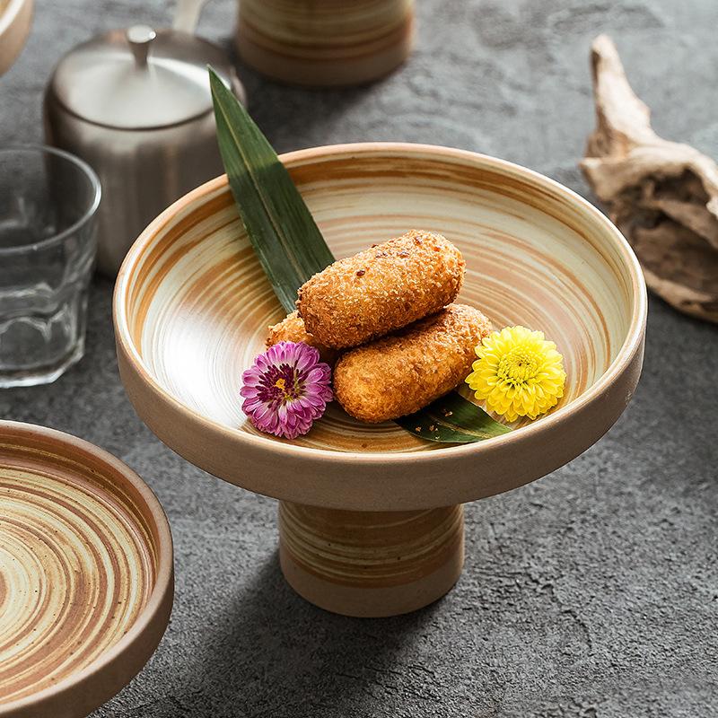 Creative Vintage Stoneware Tall Leg Fruit Plate Ceramic Fruit Salad Dessert Plate Home Jewelry Nut Storage Tray Kitchen Cutlery