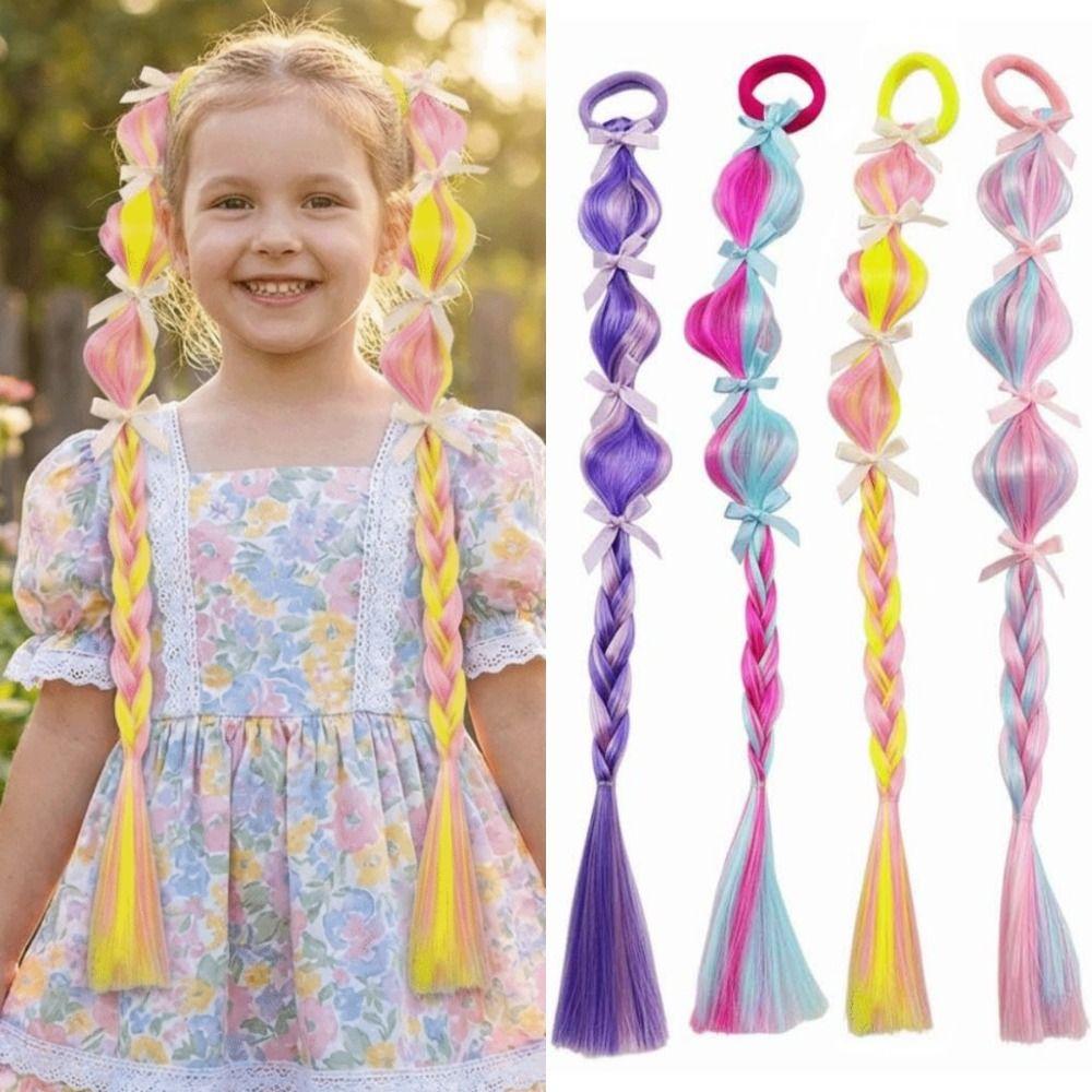 2Pcs Synthetic Lantern Gourd Twist Bubble Braids Colorful Girls Bow Wig Hairbands Party