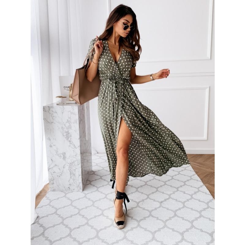 Short-sleeved V-neck Summer Fashion Sexy Casual Long Skirt Bohemian Polka-dot Print Dress