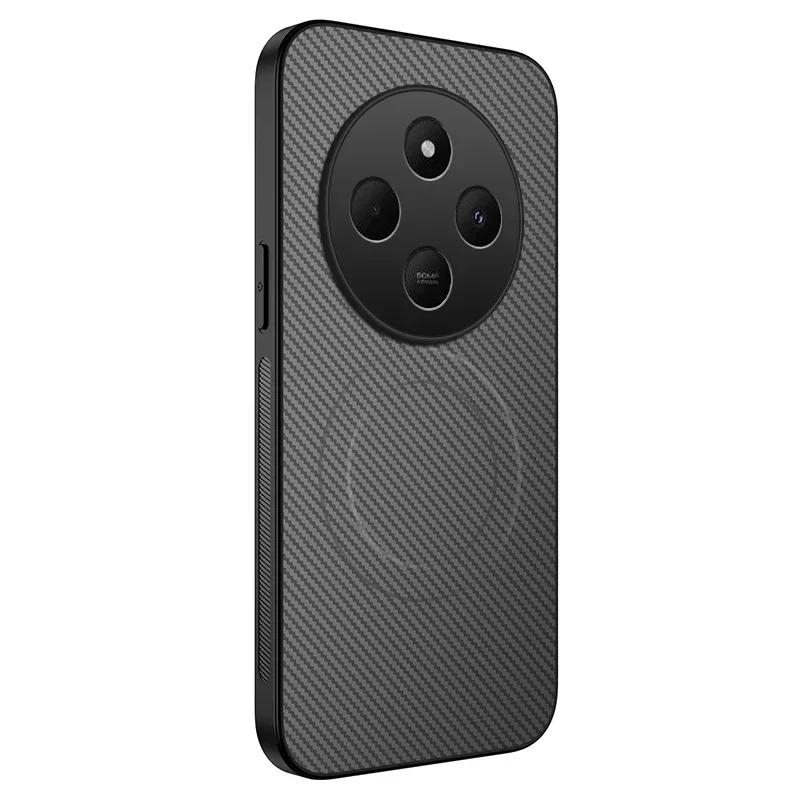 Carbon Fiber Pattern PU Leather Silicone Phone Case For Poco M6 4G M6 Plus M7 5G Magnetic Wireless Charging Soft Back Cover Case