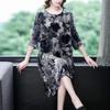 Women's Plus Size Dress Gold Velvet Floral Dress Loose Retro A-Line Dress Spring Autumn