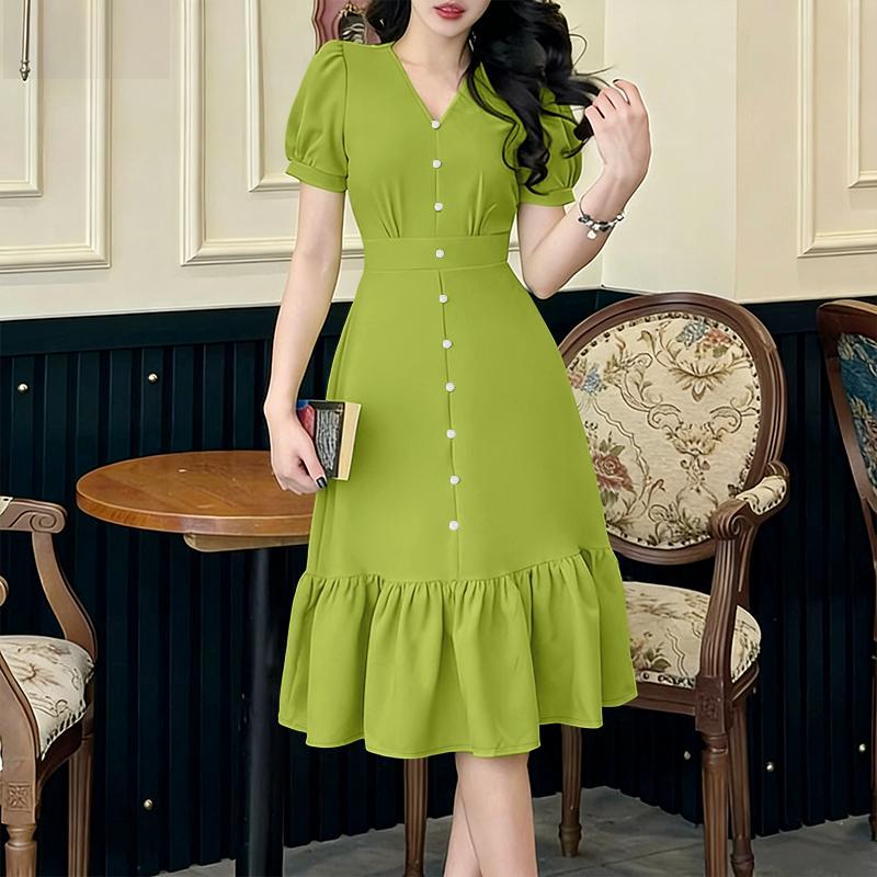 ZANZEA Women Casual V-Neck Short Sleeve Elegant Ruffles Hem Dress