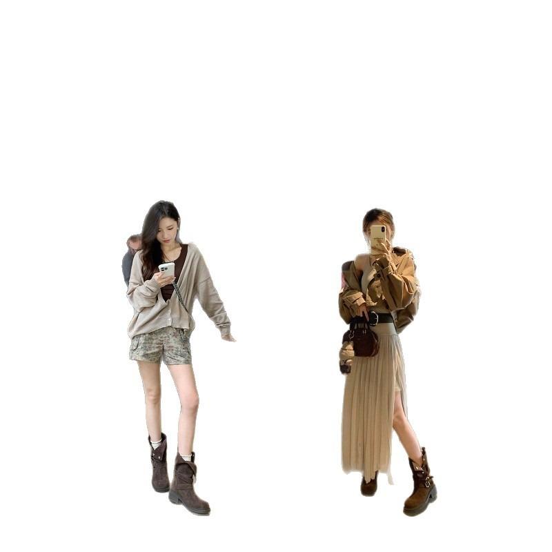 Cowhide Version~ Heightening .5 Martin Boots Women's Maillard Thick Heel Boots Thick-soled Buckle Short Boots