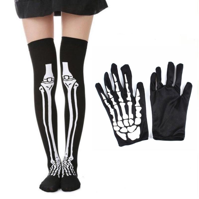 Halloween Skeleton Gloves Short Long Full Finger Bone Print Mittens Dress Party Costume Accessories for Women Men