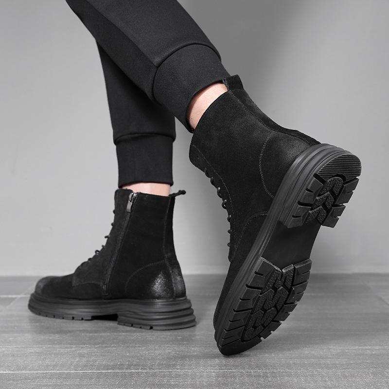 Fashion mens casual stage nightclub cow suede leather boots black trendy autumn winter shoes cowboy platform boot high motorcycle botas