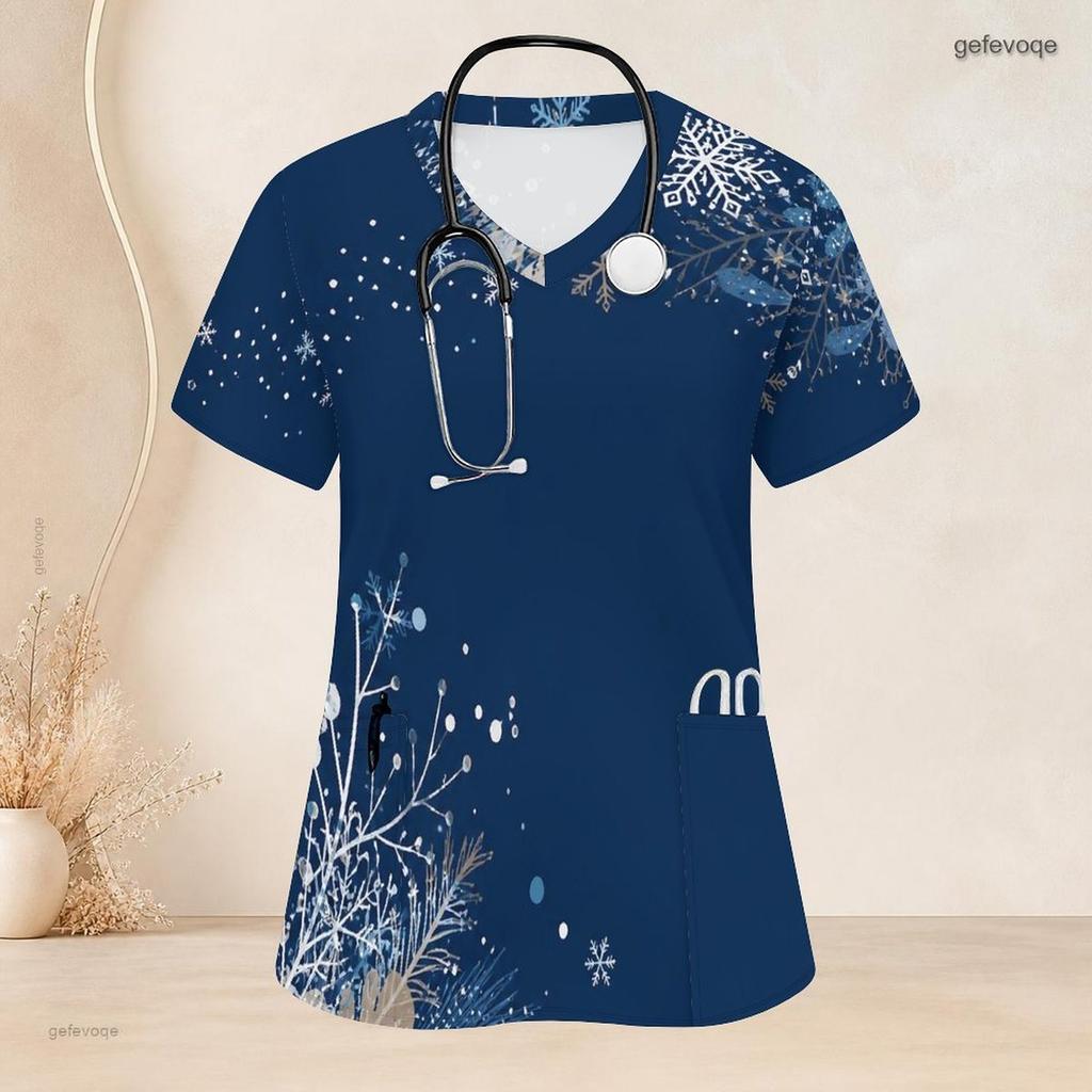 Women Plus Size Navy Blue Snowflake Printed Nurse Scrub Top V Neck Short Sleeve Front Pockets