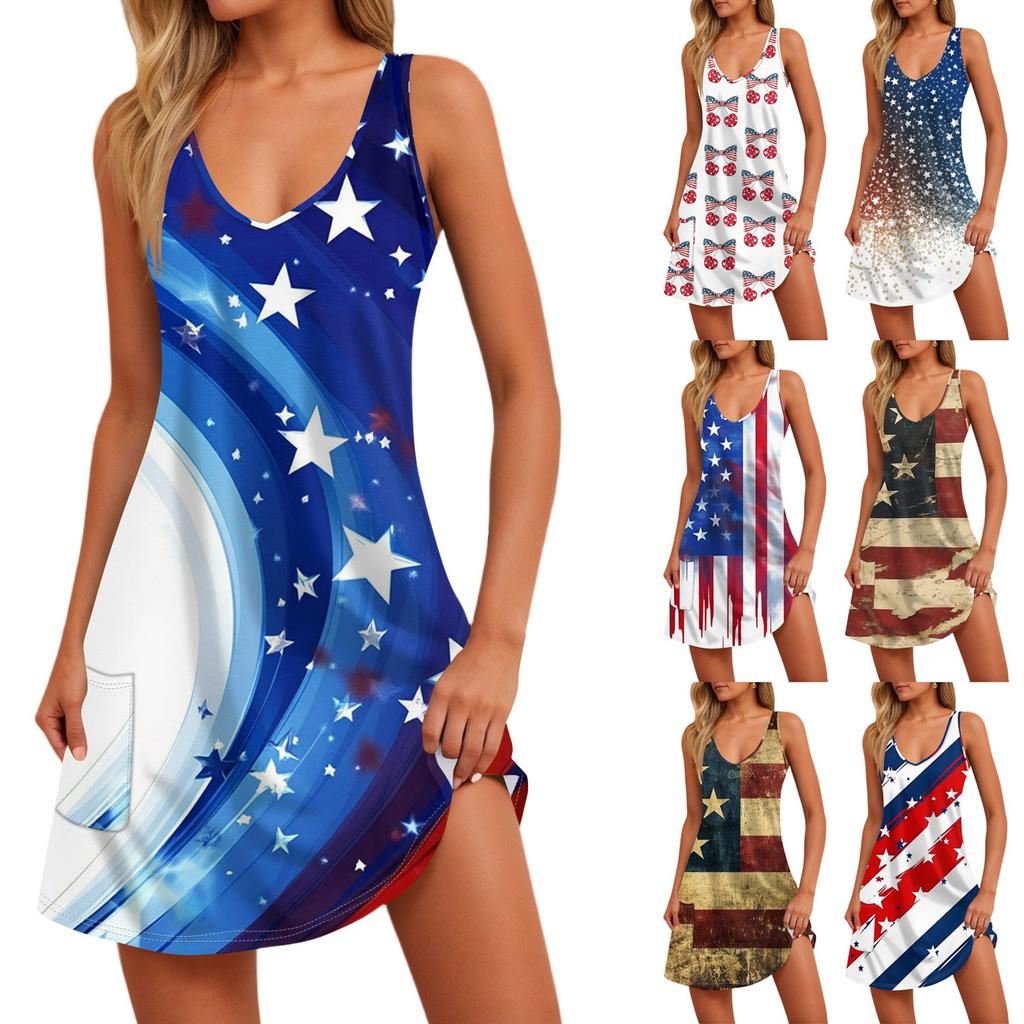 Women's Casual Sundress With Pockets Summer Boho Beach Dress Floral Blouses For Women T-Shirts Dress V Neck Loose Tank Dresses