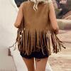 Women Vintage Sleeveless Faux Suede Fringe Vest Rivets Leather Western Boho Tassel Jacket Open Front Hippie Cardigan