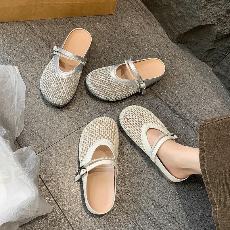 Hollow Woven Bag Head Half Slippers Women's Summer Wear New Flat Bottom Breathable Hole Shoes Sandals