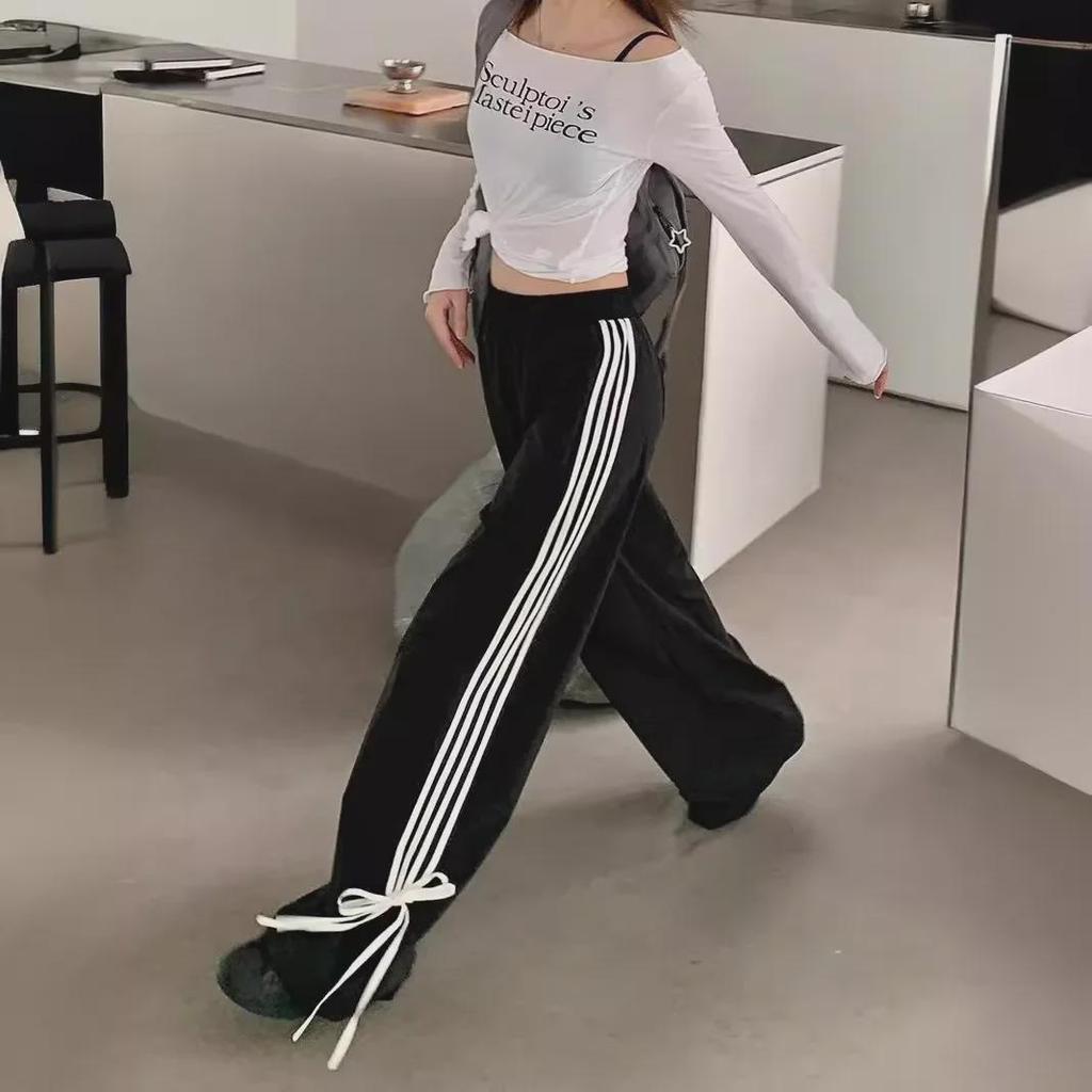 Women's Black Wide-Leg Sports Pants with Bow Design - Early Spring Casual, Loose Fit