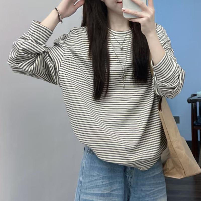 American Vintage Striped Color-block Long-sleeve T-shirt for Women, Loose Loose Lazy Style for Early Autumn, Casual Versatile Top, Base Shirt Trendy