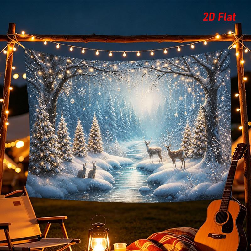 1Pc Magical Snowy Forest Deer Tapestry Wall Hanging, Decorative Fabric Poster for Bedroom, Living Room, Dorm & Home Decor
