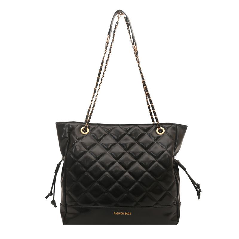 Rhombus embroidered thread chain tote bag women s spring new largecapacity fashionable commuter shoulder backpack чёрный