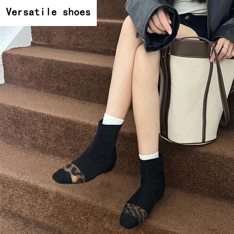 Designer Leopard Print Women Sock Boots Fashion Pointed Toe Short Booties Elegant Thick Heels Botas De Mujer