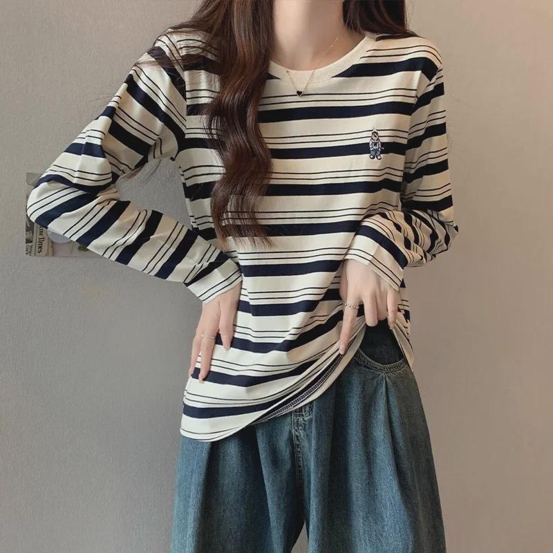 

Женская ретро хлопковая футболка с длинным рукавом в полоску, коллекция весна/осень 2025 L (57.5-62.5 kg)