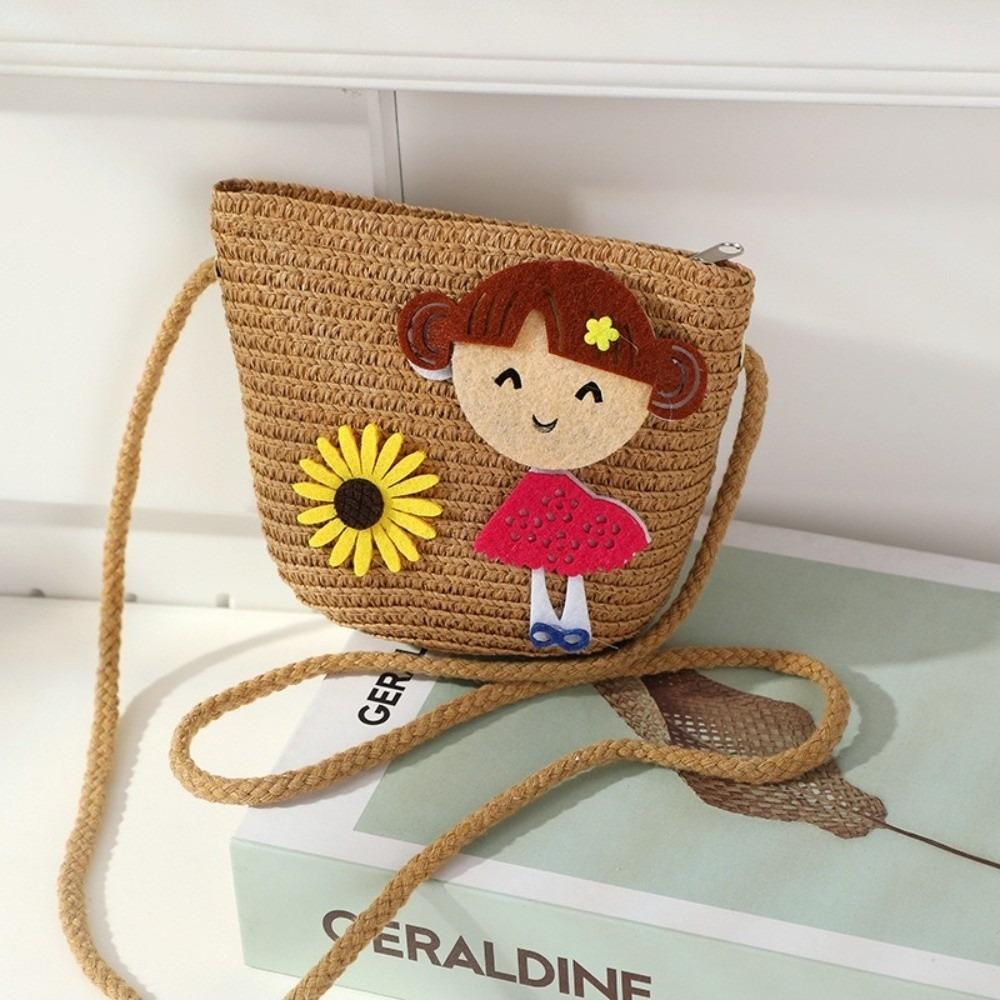 Creative Handmade Woven Straw Shoulder Bags Cute Lightweight Crossbody Bag Flower Beach Bag for Children