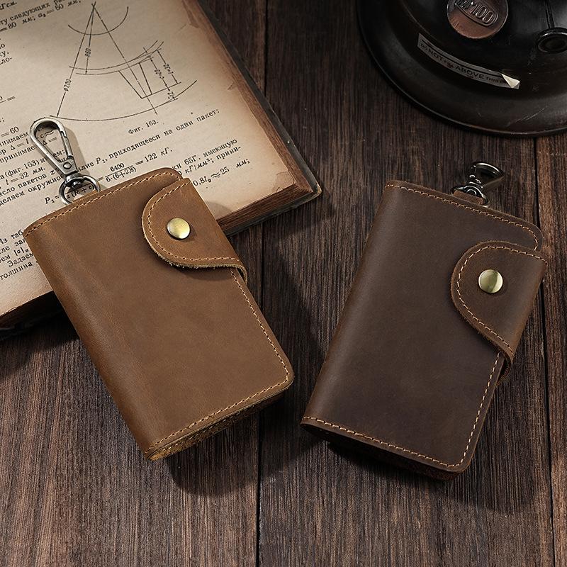 Retro Crazy Horse Leather Key Holder - Men's Genuine Leather Waist Pouch, Access Card Key Cover, Home Key Storage Bag.