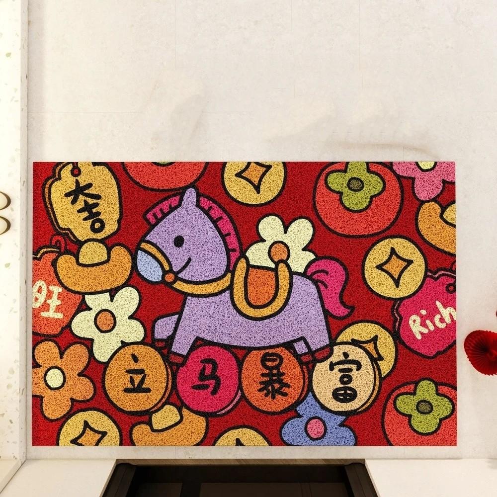 Cute Anti-slip Chinese New Year Doormat Stain Proof Cartoon Horse Pattern Carpet Wear-Resistant Red Entrance Mat Home Decor