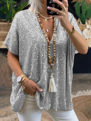 European/American Summer 2024 V-Neck Sequin T-Shirt: Women's Casual Short-Sleeve Loose-Fit Top