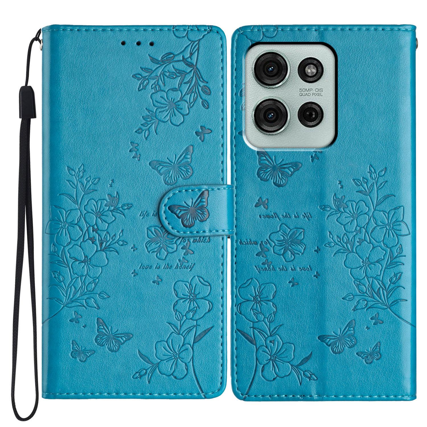 

For Motorola Moto G56 5G Wallet Phone Case Butterfly Floral Imprint Leather Flip Cover with Strap Blue