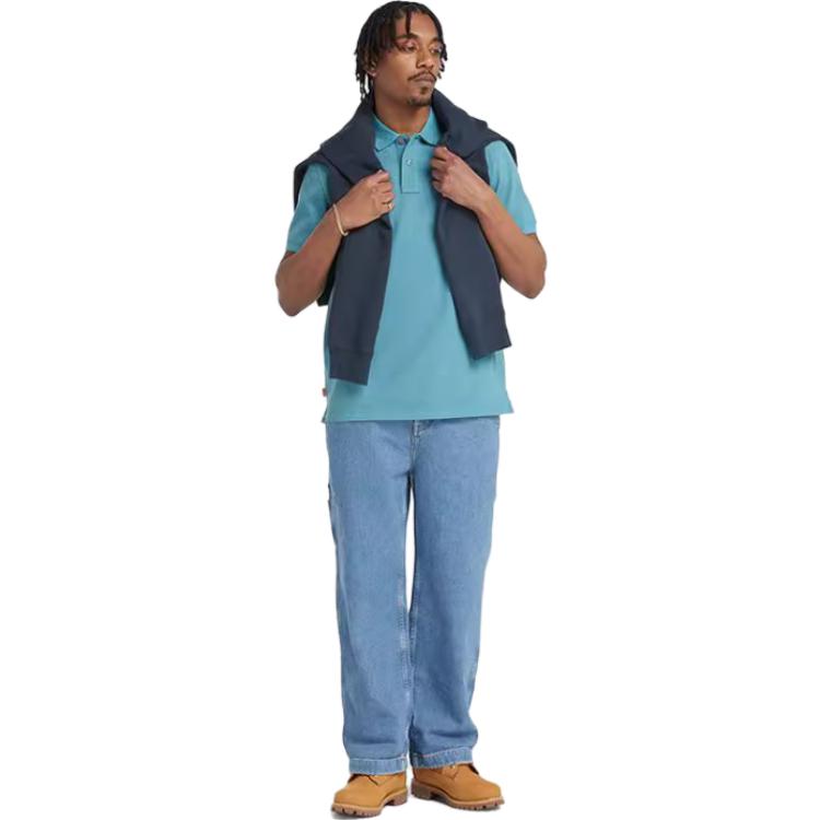 Timberland Solid Color Breathable Short Sleeve Polo Shirt Men tops Storm-Blue A62T5-DV7