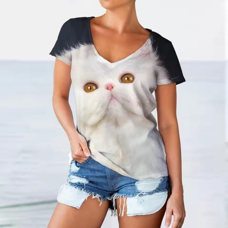 Women V-neck Short Sleeve Casual Fashion Kawaii Graphics T-shirt Oversized Female Girls Clothes 3D Funny Cats Print T Shirts