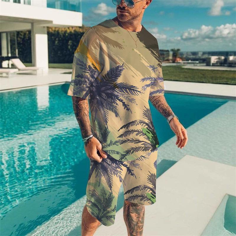 Summer Tribal Printed Men's T-shirt Set Round Neck T-shirts 2 Piece