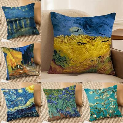 V-Van Gogh Olejomaľba Tlač Obliečka na Vankúš Protiroztočová Obliečka na Vankúš Neviditeľný Zips Hodvábny Krátky Plyš Poťah na Vankúš Pohovky